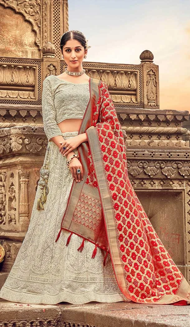 Grey Color Lakhnavi Work Pure Georgette Designer Wear Plus Size Lehenga Choli -4653156424