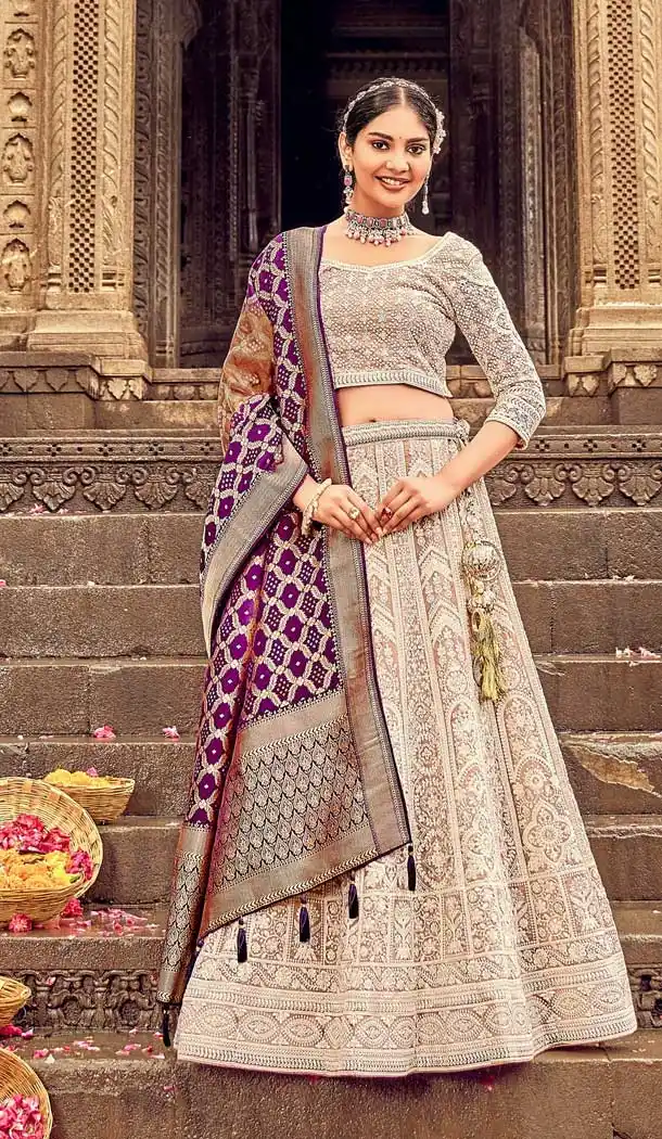 Beige Color Lakhnavi Work Pure Georgette Designer Wear Plus Size Lehenga Choli -4653156425