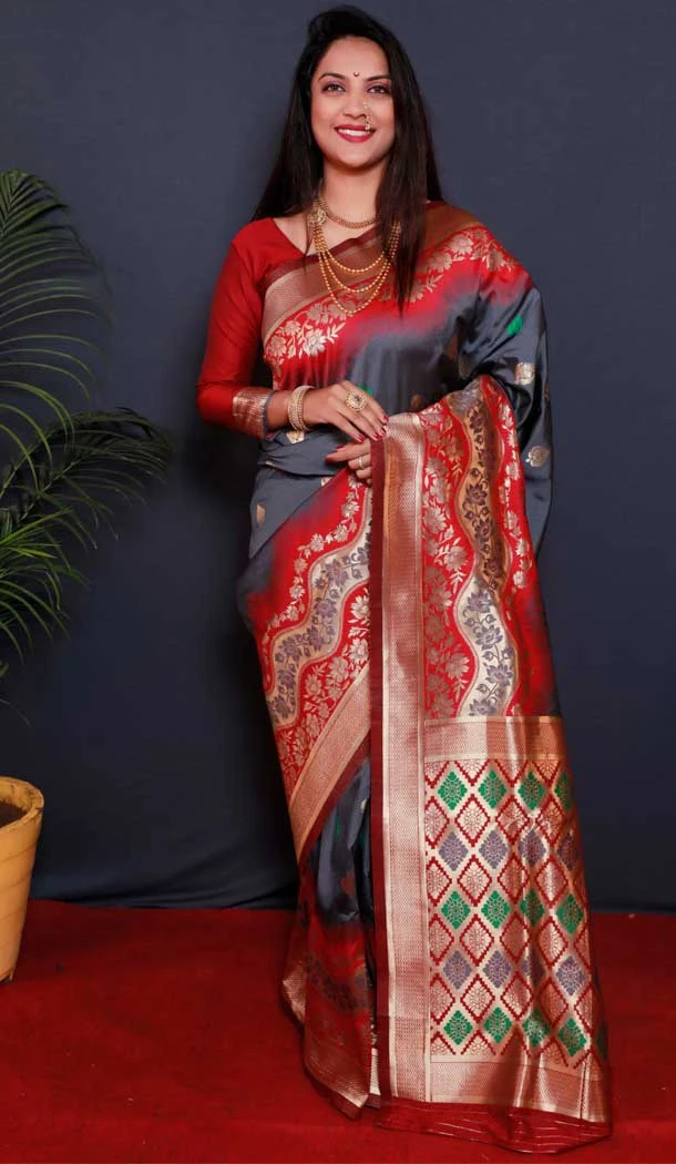 Traditional Wear Grey Color Jacquard Work Paithani Silk Saree Blouse -4640156272