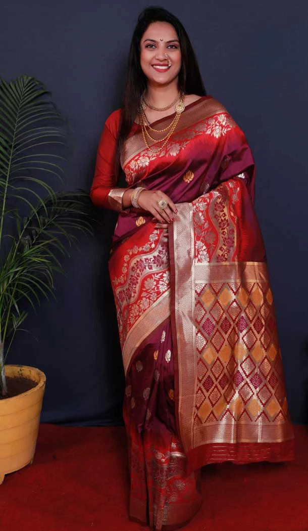 Traditional Wear Wine Color Jacquard Work Paithani Silk Saree Blouse -4640156276