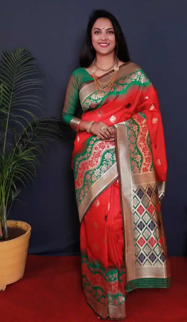 Orange Color Traditional Wear Jacquard Work Paithani Silk Saree Blouse -4640156279