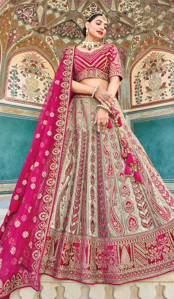 Grey & Pink Color Embroidery Work Bridal Wedding Wear Plus Size Lehenga Choli -4645156318