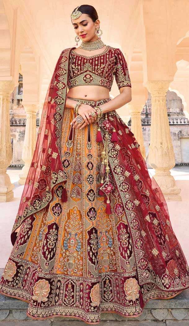 Orange & Maroon Color Embroidery Work Bridal Wedding Wear Plus Size Lehenga Choli -4645156323