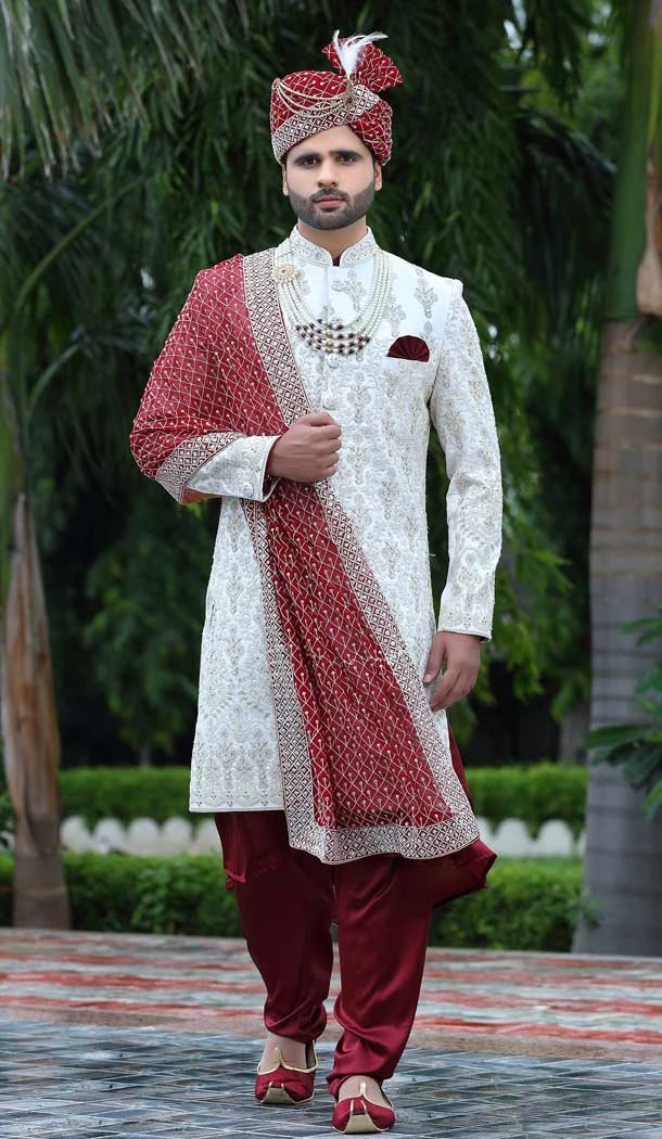 White Color Soft Art Silk Embroidery Work Wedding Wear Men's Sherwani -4667156512