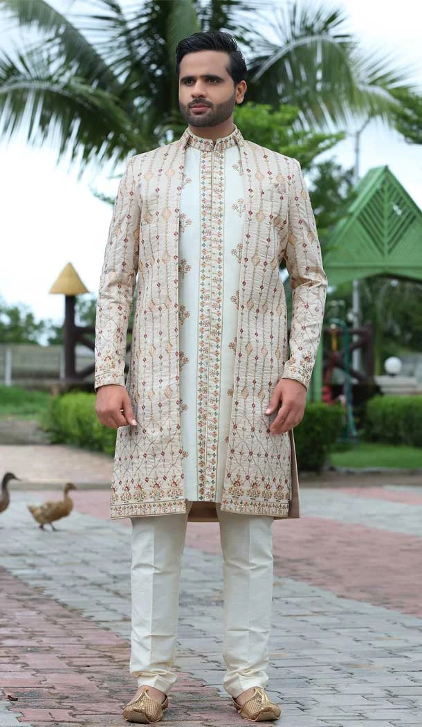Soft Art Silk Off White Color Embroidery Work Wedding Wear Men's Sherwani -4667156514