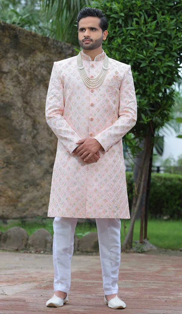 Light Pink Color Soft Art Silk Embroidery Work Wedding Wear Men's Sherwani -4667156515