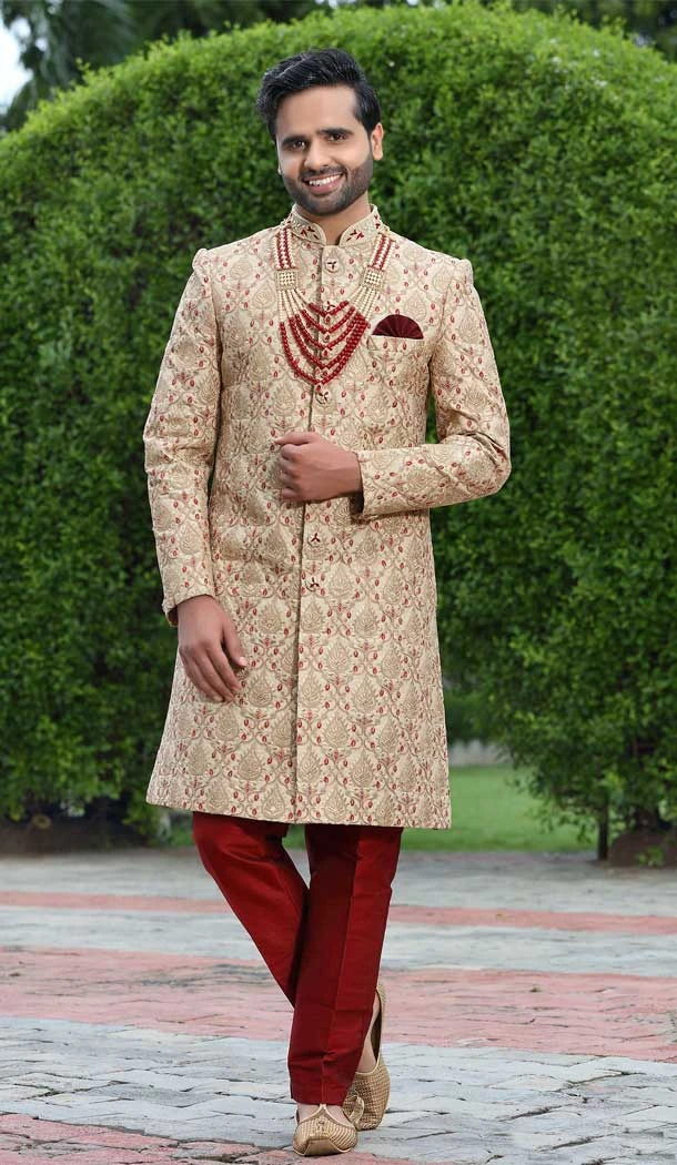Embroidery Work Soft Art Silk Cream Color Wedding Wear Men's Sherwani -4667156516