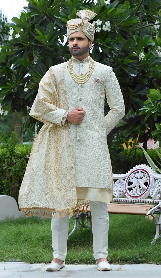 Wedding Wear Rust Color Soft Art Silk Embroidery Work Men's Sherwani -4667156517