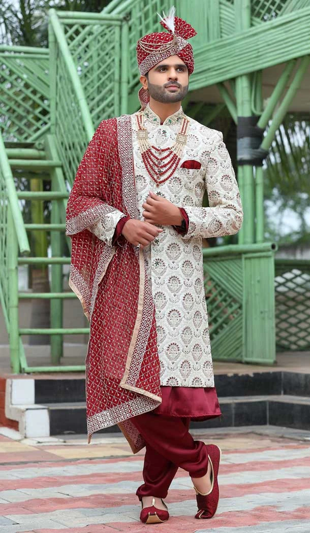 Soft Art Silk Off White Color Embroidery Work Wedding Wear Men's Sherwani -4667156518