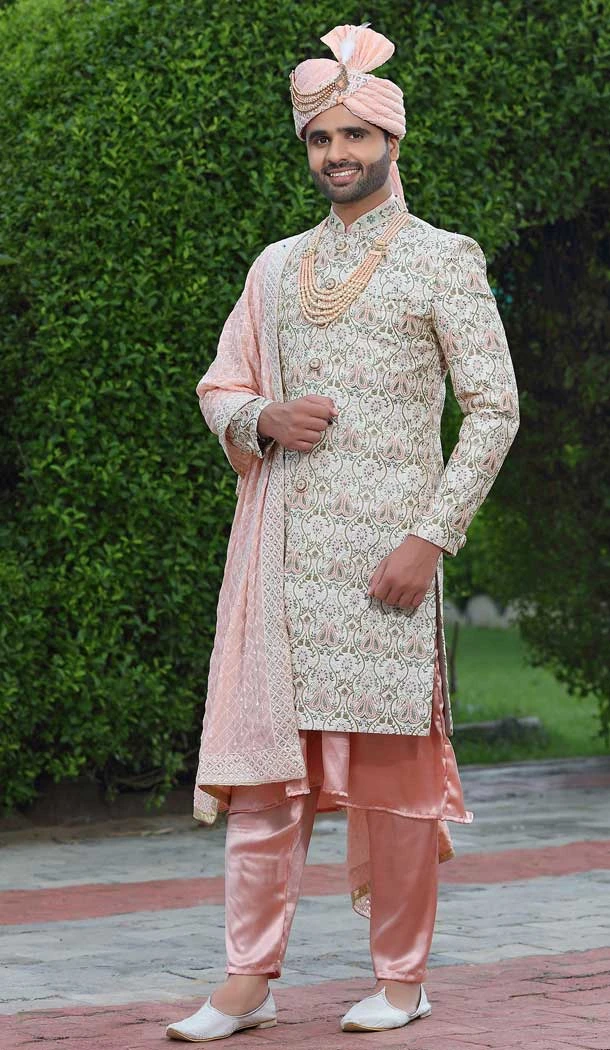 Embroidery Work Off White Color Soft Art Silk Wedding Wear Men's Sherwani -4667156519