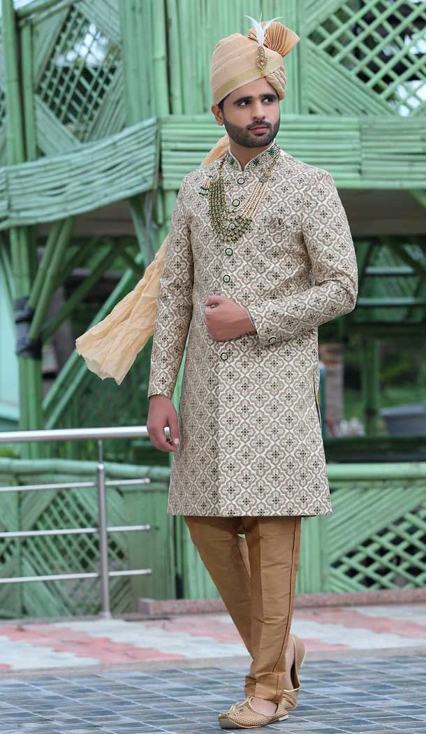 Wedding Wear Attractive Off White Color Soft Art Silk Embroidery Work Men's Sherwani -4667156521