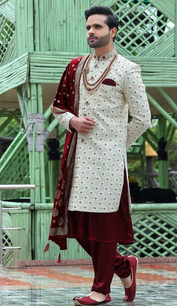 Stunning Off White Color Soft Art Silk Embroidery Work Wedding Wear Men's Sherwani -4667156522