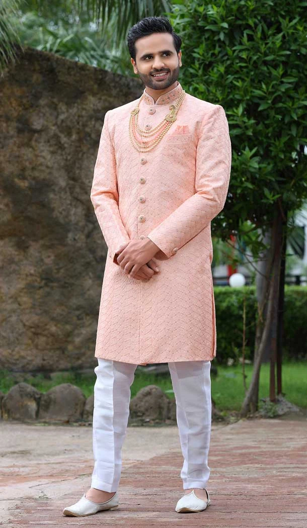 Light Peach Color Soft Art Silk Embroidery Work Wedding Wear Men's Sherwani -4667156525