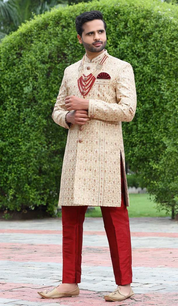 Gorgeous Cream Color Soft Art Silk Embroidery Work Wedding Wear Men's Sherwani -4667156526