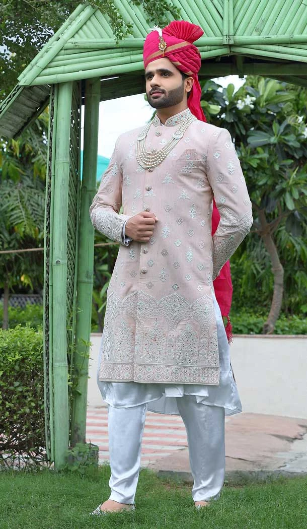 Embroidery Work Rust Color Soft Art Silk Wedding Wear Men's Sherwani -4667156527