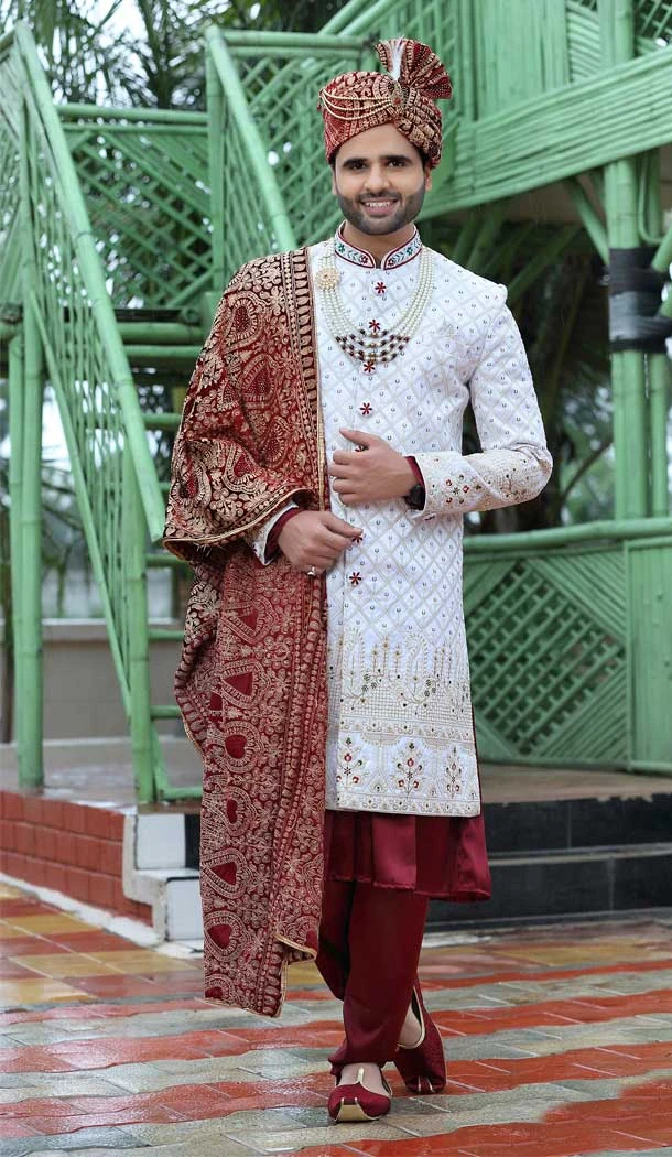 Wedding Wear White Color Soft Art Silk Embroidery Work Men's Sherwani -4667156528