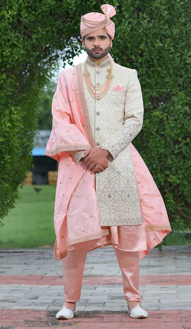 Cream Color Embroidery Work Soft Art Silk Wedding Wear Men's Sherwani -4667156529