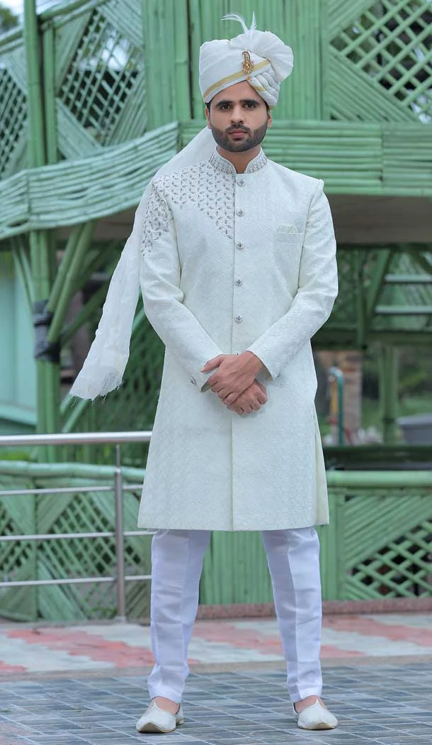 Soft Art Silk Embroidery Work Off White Color Wedding Wear Men's Sherwani -4667156531