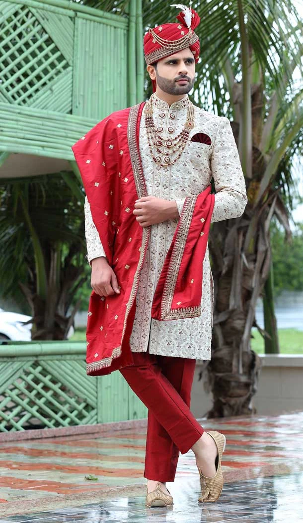 Wedding Wear Embroidery Work Off White Color Soft Art Silk Men's Sherwani -4667156532