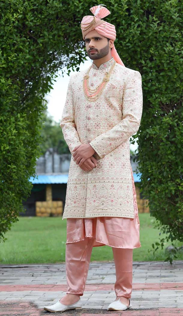 Wedding Wear Embroidery Work Cream Color Soft Art Silk Men's Sherwani -4667156533