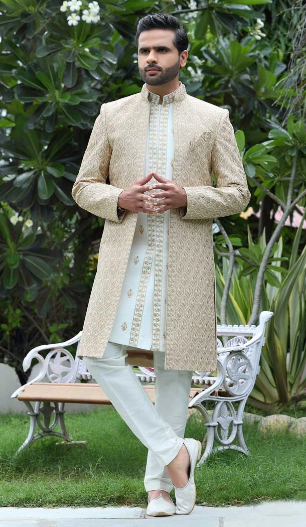 Off White & Cream Color Soft Art Silk Embroidery Work Wedding Wear Men's Sherwani -4667156534