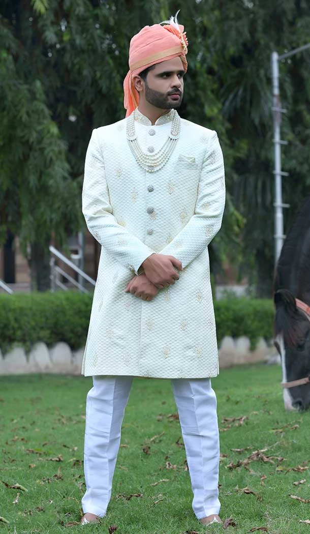 Embroidery Work Soft Art Silk Rust Colo Wedding Wear Men's Sherwani -4667156535