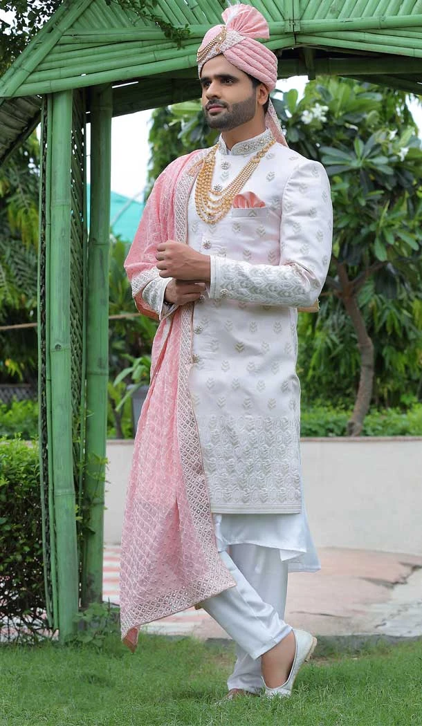 Wedding Wear Soft Art Silk Off White Color Embroidery Work Men's Sherwani -4667156537