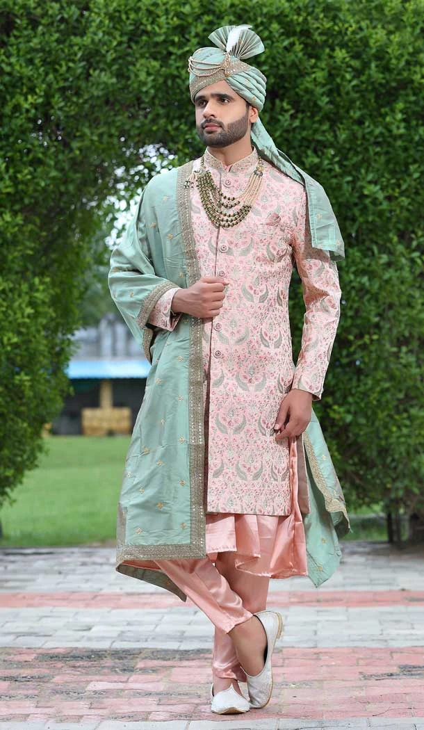Light Peach Color Soft Art Silk Embroidery Work Wedding Wear Men's Sherwani -4668156539