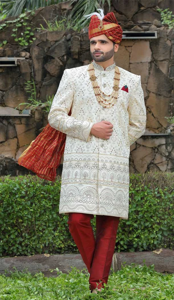 Wedding Wear Cream Color Soft Art Silk Embroidery Work Men's Sherwani -4668156541