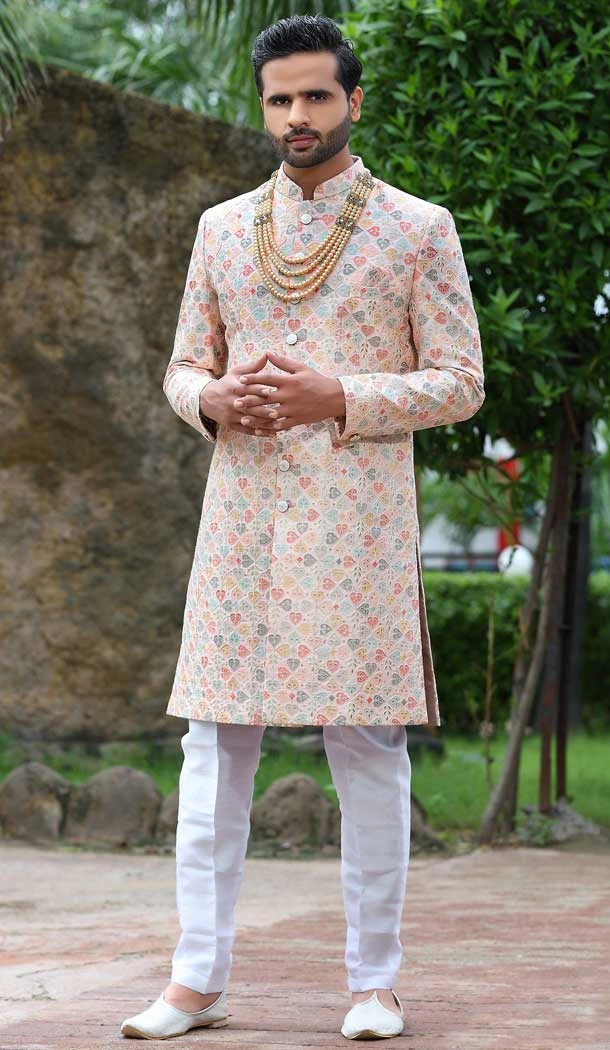 Multi Color Soft Art Silk Embroidery Work Wedding Wear Men's Sherwani -4668156544