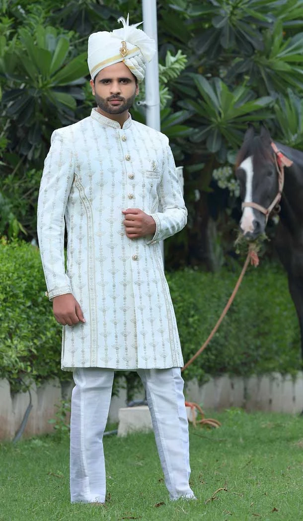 White Color Soft Art Silk Embroidery Work Wedding Wear Men's Sherwani -4668156545