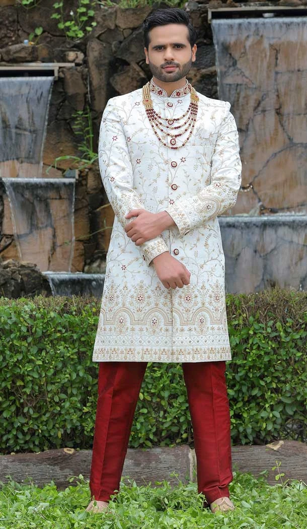 Soft Art Silk White Color Embroidery Work Wedding Wear Men's Sherwani -4668156546