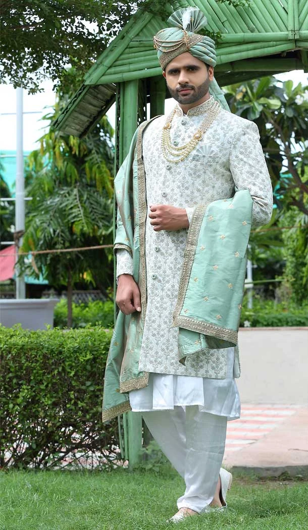 Embroidery Work Soft Art Silk Off White Color Wedding Wear Men's Sherwani -4668156547