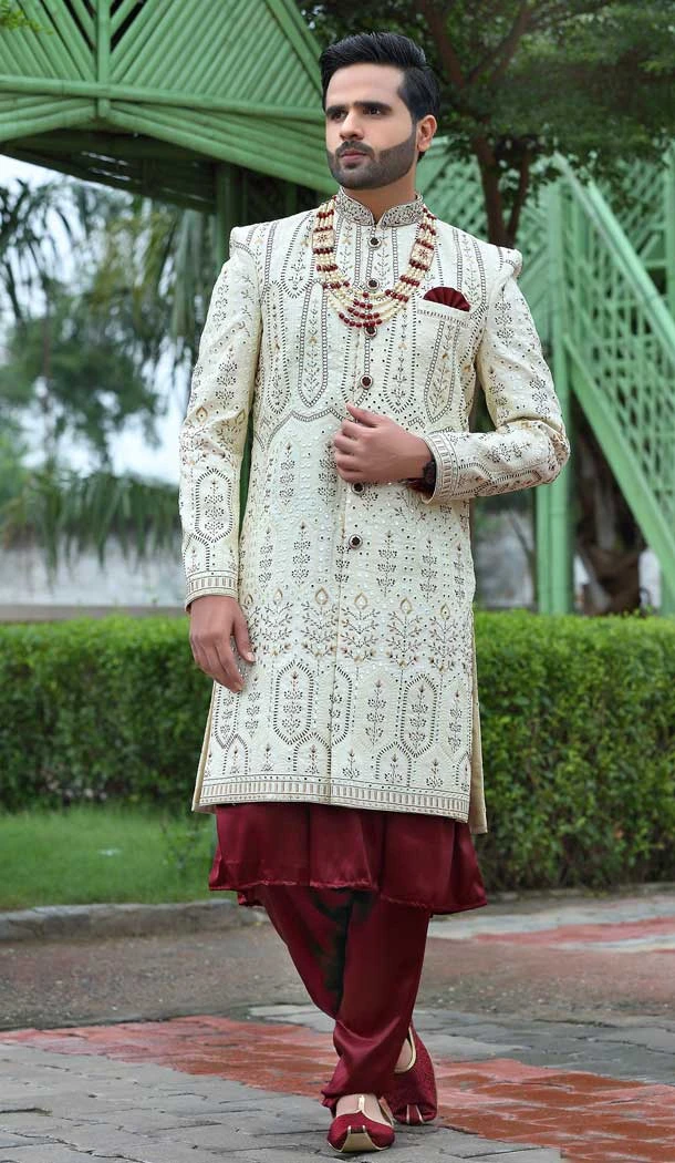 Embroidery Work Soft Art Silk Cream Color Wedding Wear Men's Sherwani -4668156548