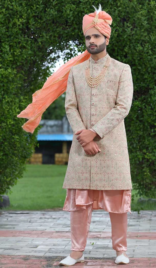 Embroidery Work Soft Art Silk Rust Color Wedding Wear Men's Sherwani -4668156549