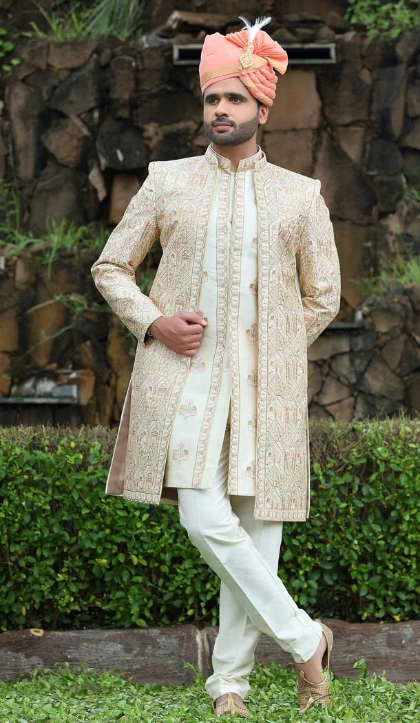 Embroidery Work Soft Art Silk Gorgeous Cream Color Wedding Wear Men's Sherwani -4668156550