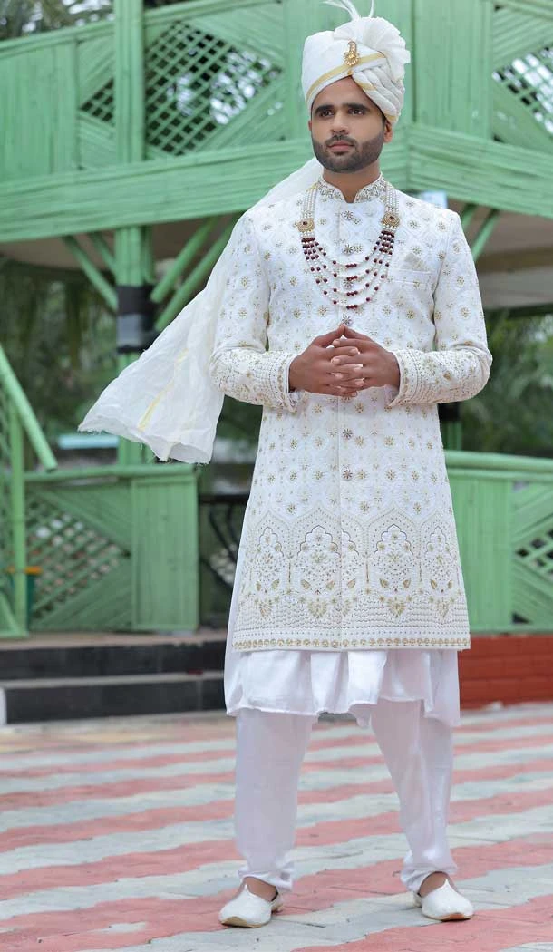 Embroidery Work Soft Art Silk White Color Wedding Wear Men's Sherwani -4668156551
