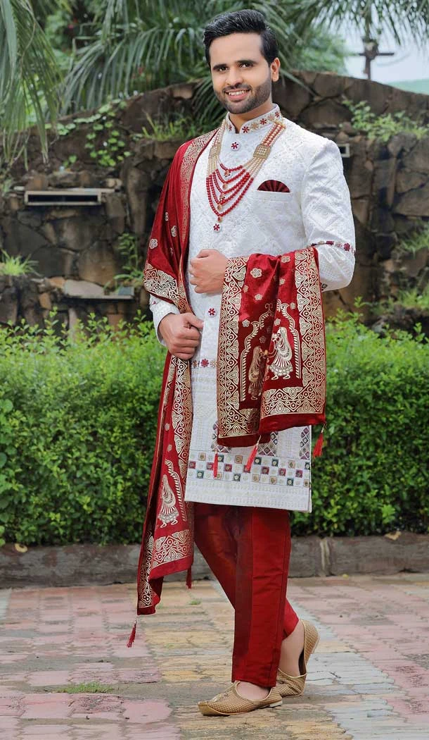 Wedding Wear Embroidery Work Soft Art Silk White Color Men's Sherwani -4668156552