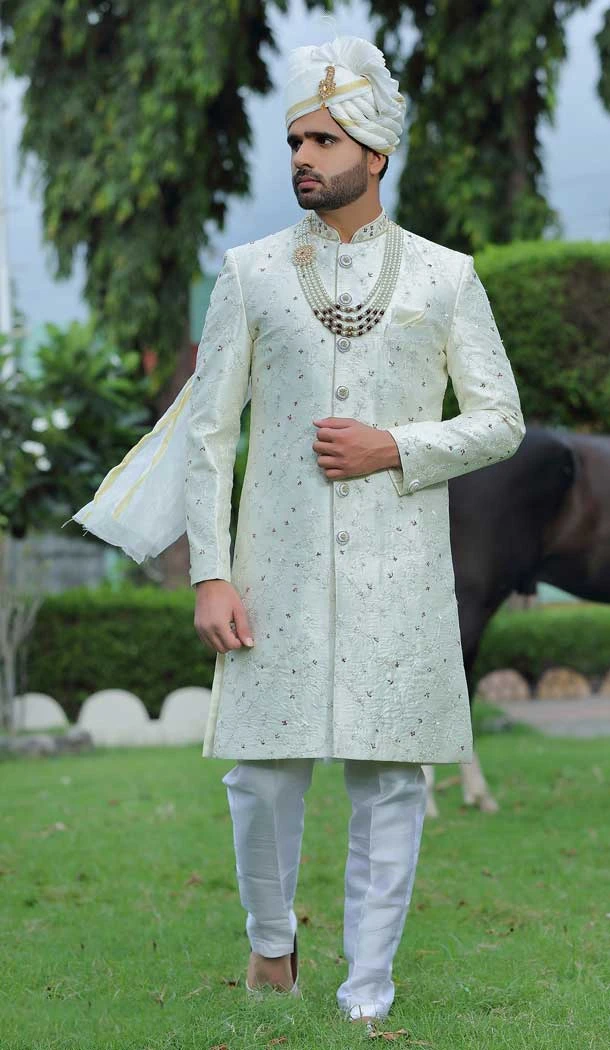 Wedding Wear Embroidery Work Soft Art Silk Rust Color Men's Sherwani -4668156555