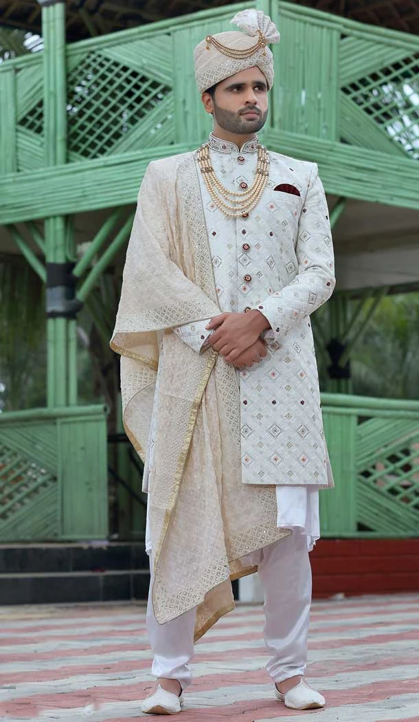 Wedding Wear Embroidery Work Soft Art Silk Off White Color Men's Sherwani -4668156557