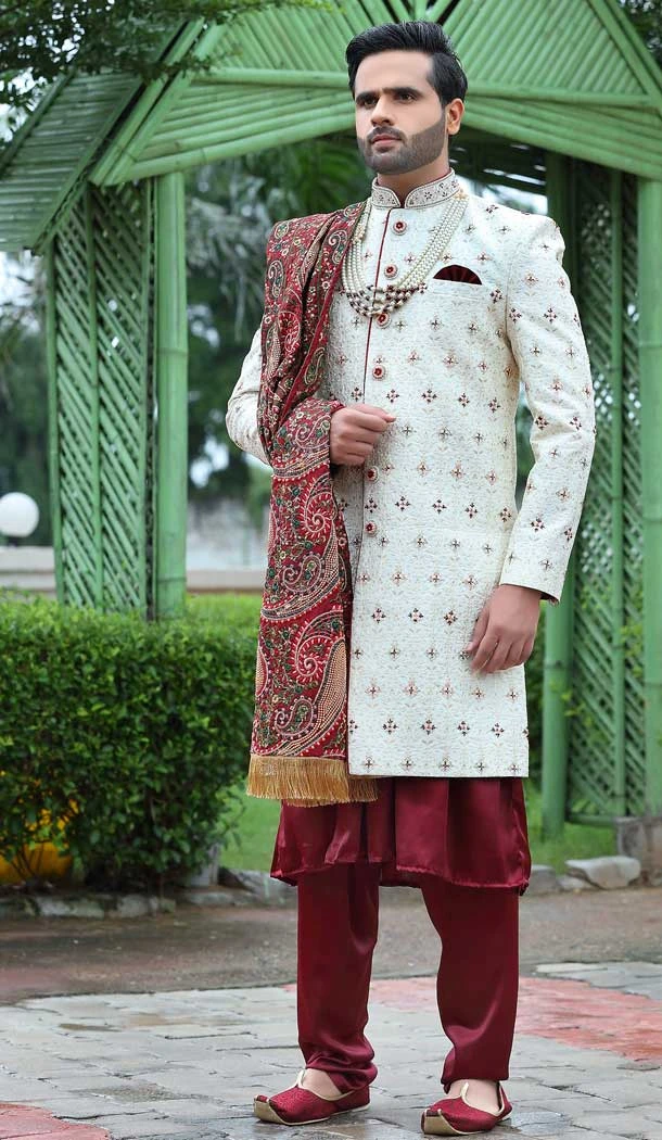 Wedding Wear Embroidery Work Soft Art Silk Cream Color Men's Sherwani -4668156558