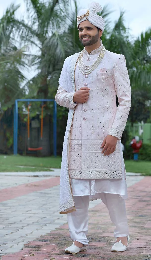 Light Pink Color Soft Art Silk Embroidery Work Wedding Wear Men's Sherwani -4668156561