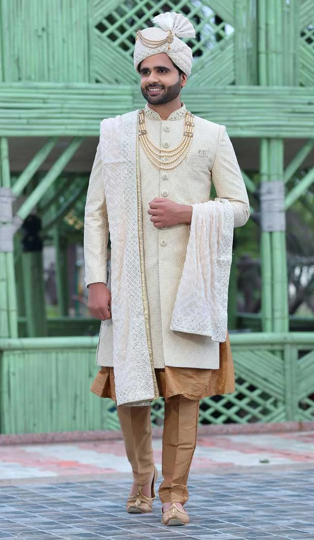 Embroidery Work Wedding Wear Soft Art Silk Light Pink & Off White Color Men's Sherwani -4668156564
