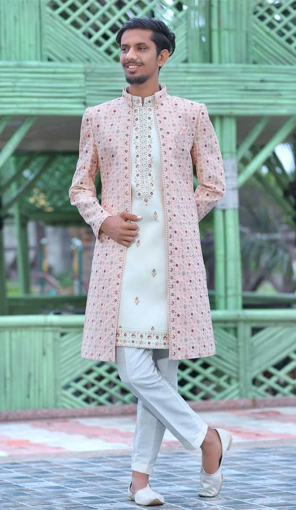 Embroidery Work Wedding Wear Soft Art Silk Cream Color Men's Sherwani -4668156565