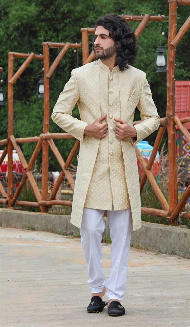 Cream Color Embroidery Work Soft Art Silk Wedding Wear Men's Sherwani -4668156568