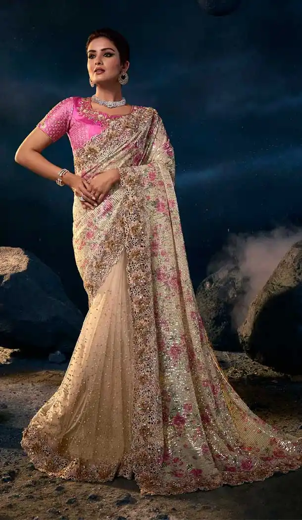 Cream Color Net Diamond Moti Work Designer Wedding Wear Saree Blouse -4671156589