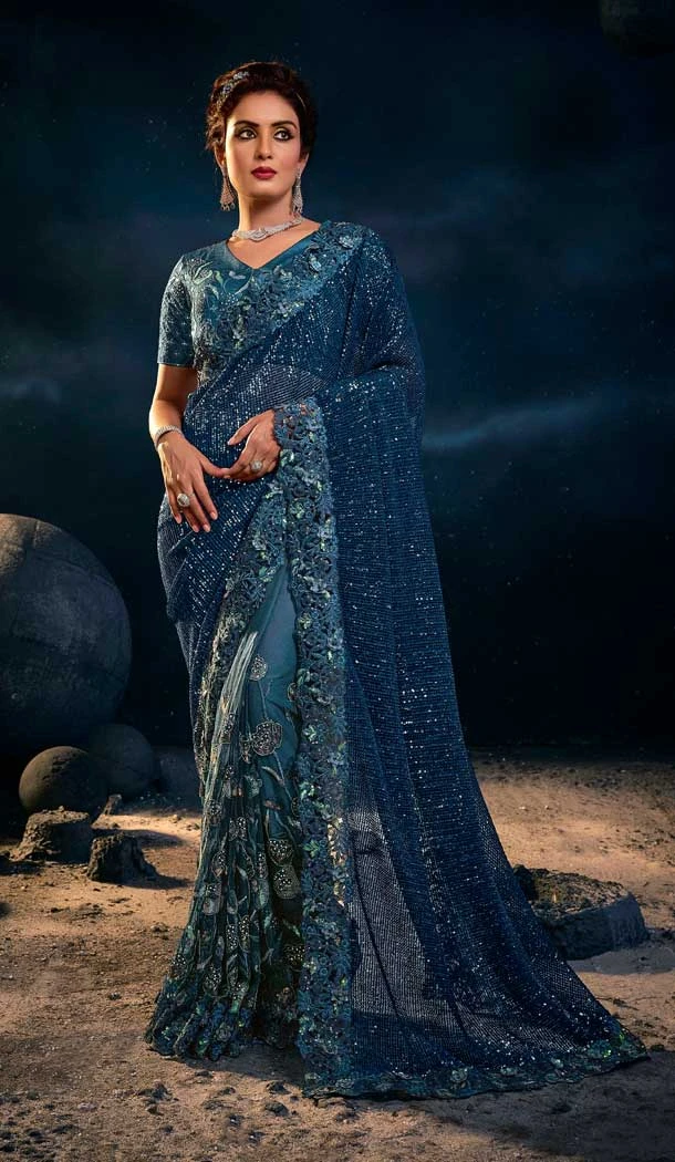 Teal Blue Color Imported And Net Diamond Moti Work Designer Wedding Wear Saree Blouse -4671156591
