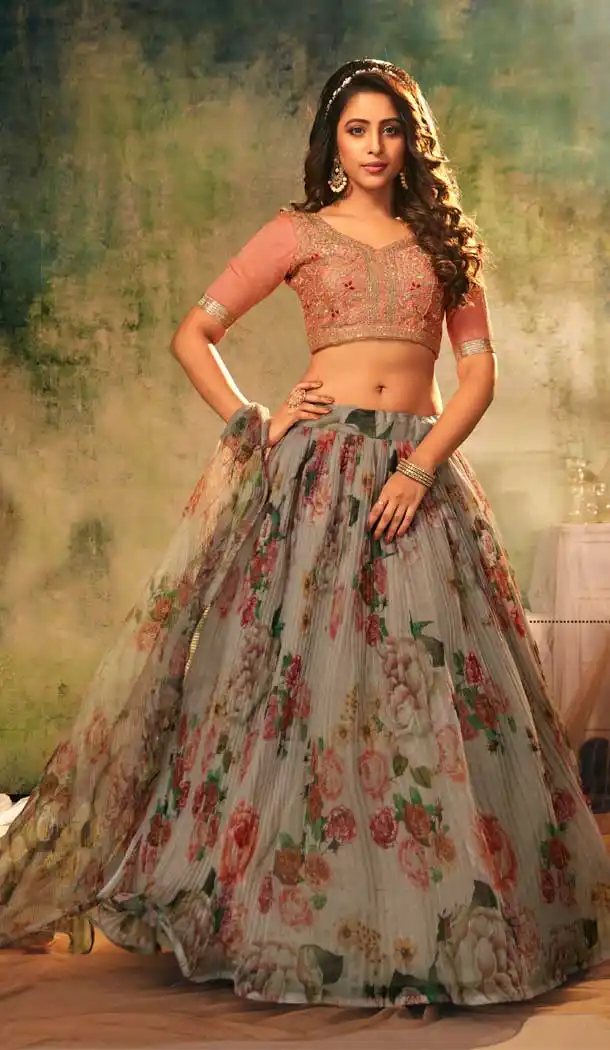 Party Wear Grey Color Organza Printed Plus Size Lehenga Choli -4675156614