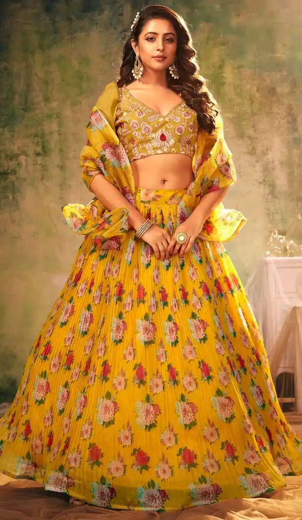 Party Wear Yellow Color Organza Printed Plus Size Lehenga Choli -4675156615