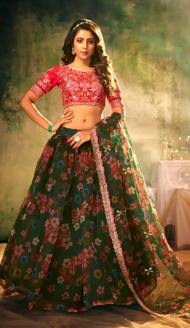 Party Wear Green Color Organza Printed Plus Size Lehenga Choli -4675156616